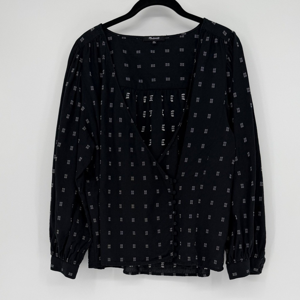 100% Cotton Madewell Black Dobby Dash Button Front V-Neck Wrap Blouse Top XL - Picture 4 of 11